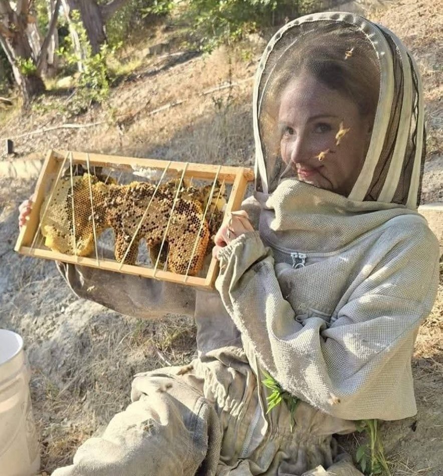 A child beekeeper holding a honeycomb frame outdoors.